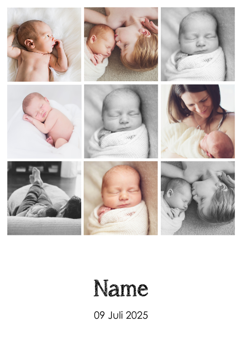 Geburtskarte mit vielen kleinen Bildern des Nachwuchses