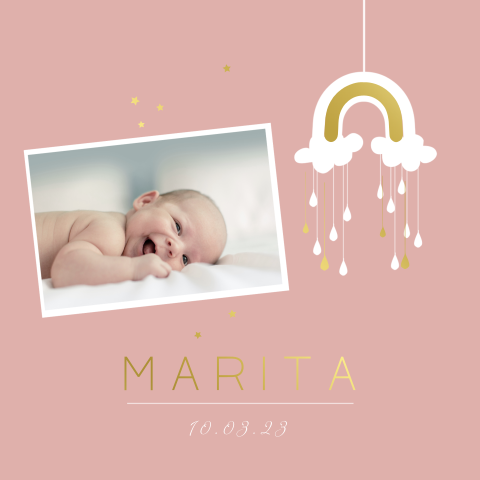 Süße Geburtskarte in Rosa, mit Foto und Foliendruck