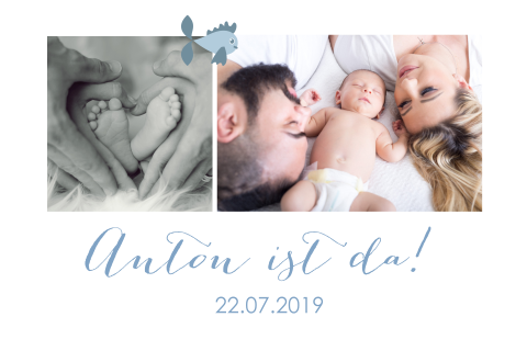 Klassische Geburtskarte mit zwei Fotos und einem kleinen Fisch