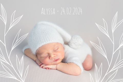 Geburtskarte mit großem Foto und Pflanzen