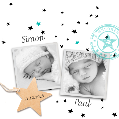 Hippe Geburtskarte für Zwillinge mit Fotos und Sternen