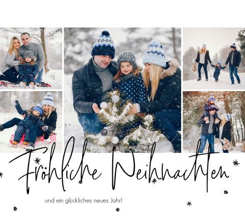 Hübsche weihnachtsliche Karte mit Bildern und Schneeflocken