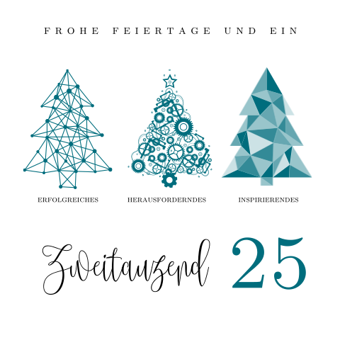 Weihnachtskarte mit drei Tannebnbäumen und Wünschen