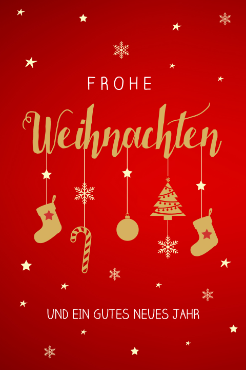 Hübsche rote Weihnachtsklarte mit goldenen Christbaumschmuck