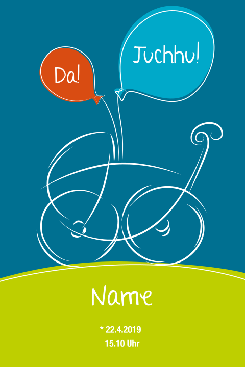 Hippe Geburtskarte mit Kinderwagen und Ballons