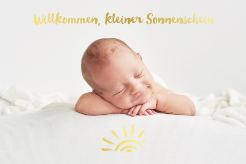 Stilvolle Geburtskarte mit großem Foto und Foliendruck