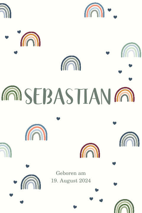 Süße Geburtskarte mit kleinen Herzen und Regenbögen