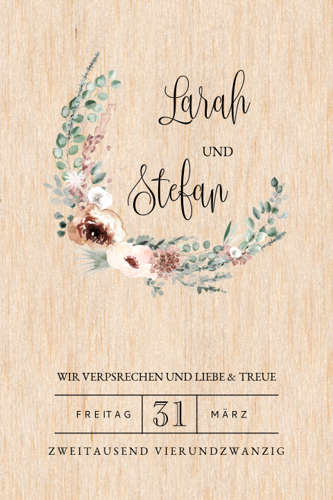 Hochzeitseinladung aus echtem Birkenholz mit Blumengesteck