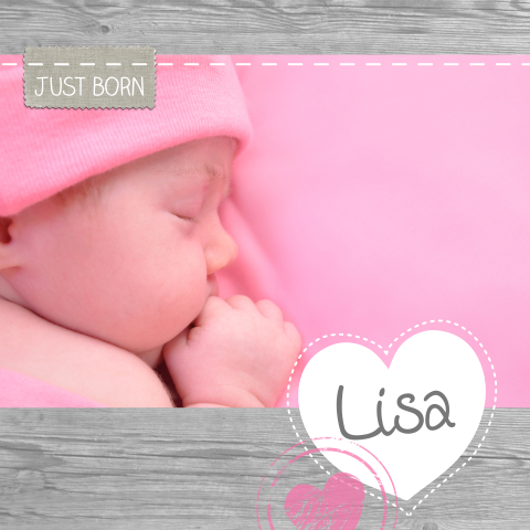 Geburtskarte mit großem Foto und Holzmotiv