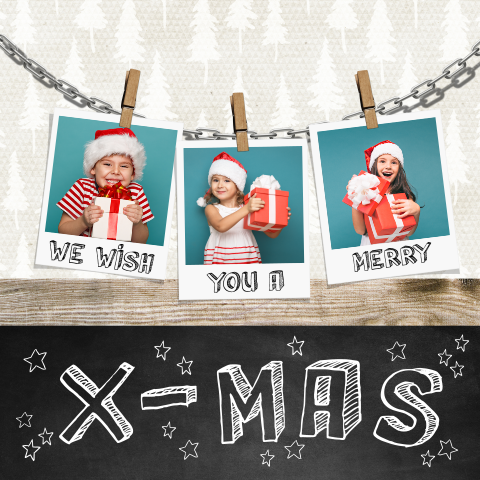 Trendige Weihnachtskarte mit drei Bildern an einer Kette