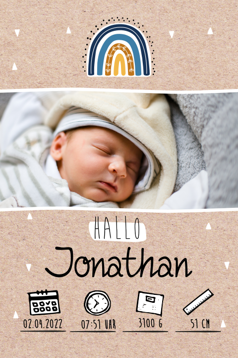 Süße Geburtskarte mit Foto, Regenbogen und allen wichtigen Infos