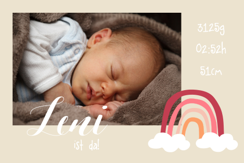 Süße Geburtskarte mit Regenbogen