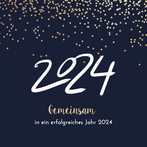 Neujahrskarte mit blauem Hintergrund, goldenen Punkten und Jahreszahl