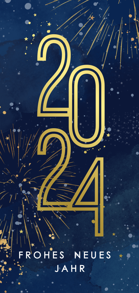 Moderne Weihnachtskarte mit großer Jahreszahl und Feuerwerk