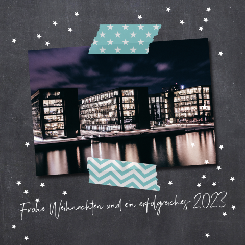 Geschäftliche Weihnachtskarte mit Ihrem Firmenfoto und Schneeflocken