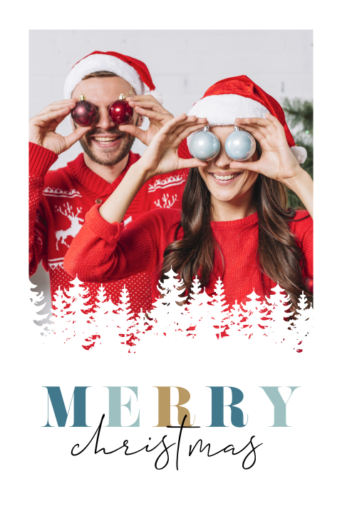 Hübsche Weihnachtskarte vielen weißen Tannen und Ihrem Foto