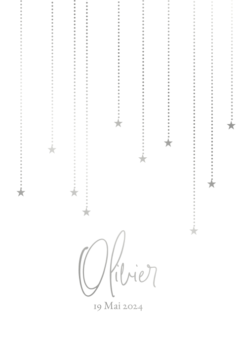 Trendige Geburtskarte mit hängenden Sternen aus Folie