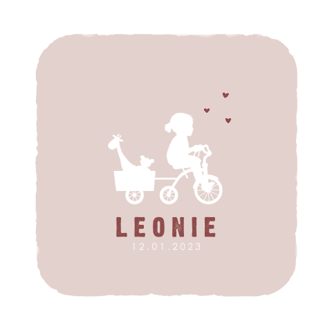 verspielte Geburtskarte mit Fahrrad und Kuscheltieren