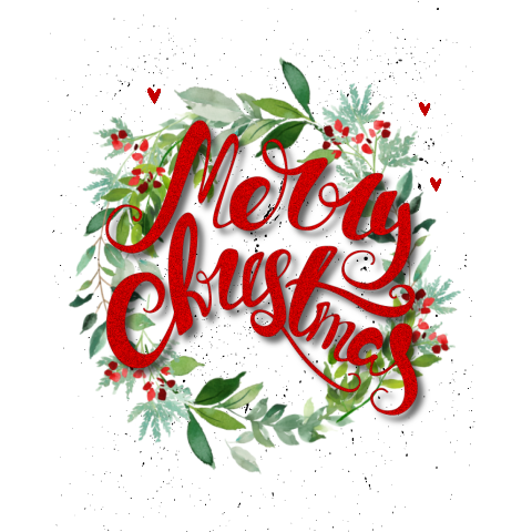 Hübsche Weihnachtskarte mit einem floralen Kranz und rotem Schriftzug