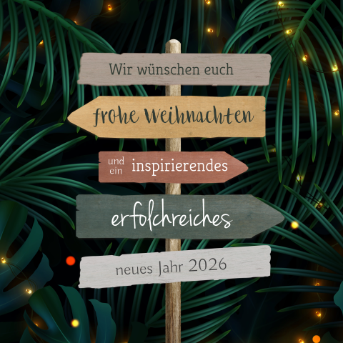Weihnachtskarte mit einem Wegweiser vor botanischen Hintergrund