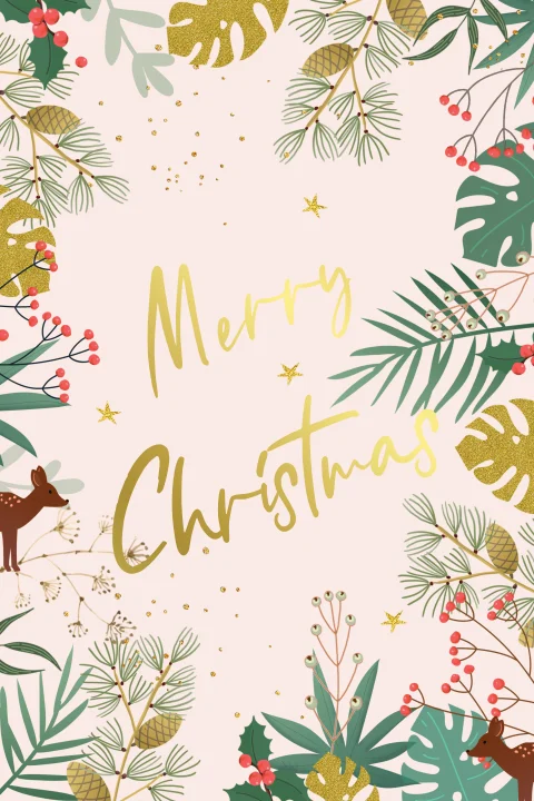 Weihnachtskarte mit Blättern und Pflanzen vor rosafarbenen Hintergrund