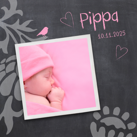 Hübsche Geburtskarte als Tafel mit Zeichnungen