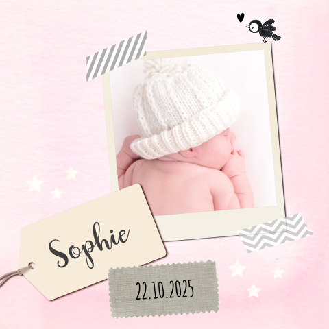 Süße Geburtskarte in Rosa mit Foto und Namensetikett