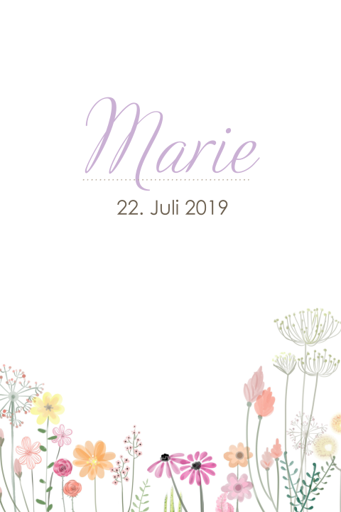 Süße Geburtskarte mit einer bunten Blumenwiese