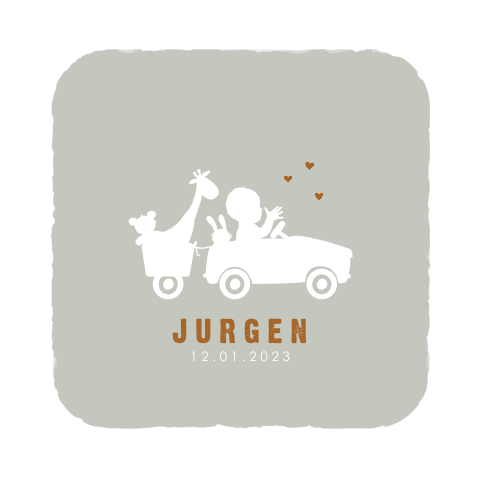 Coole Geburtskarte mit kleinem Rennauto und Kuscheltieren