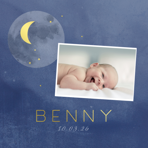 Hübsch Geburtskarte mit blauem Hintegrund, Mond und Foto