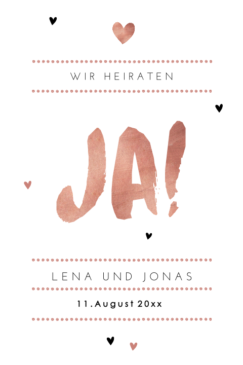 Hübsche Hochzeitseinladung mit Herzen und großem "JA!"