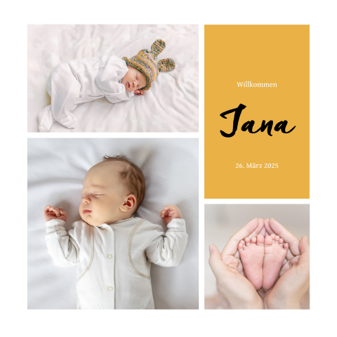Geburtskarte mit mehreren Bildern und gelben Akzenten