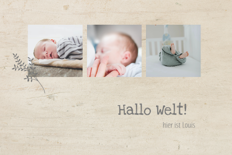 Stilvolle Geburtskarte mit Holzmotiv und drei Bildern