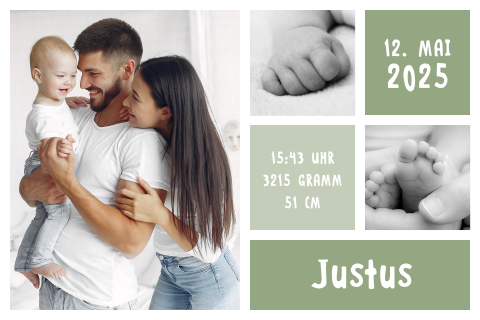 Moderne Geburtskarte mit verschiedenen Kästchen für Fotos und Infos