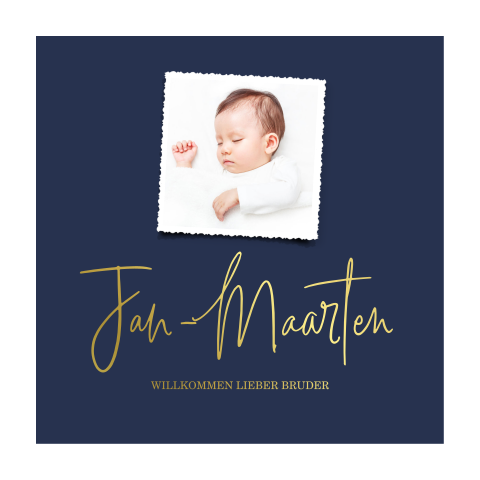 Elegante Gebuzrtskarte mit blauem Hintergrund und kleinem Foto