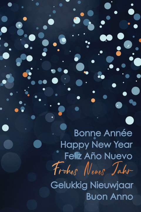 Neujahrskarte mit blauem Hintergrund und funkelnden Lichtern