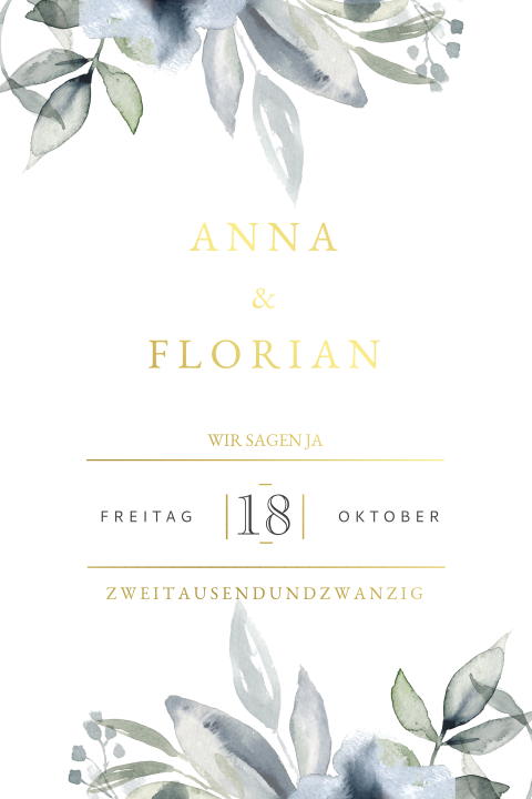 Hochzeitseinladung mit Blumengestecken und Foliendruck