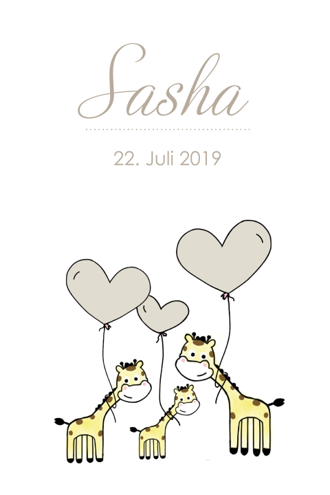 Süße Karte zur Geburt mit einer Giraffenfamilie und Herzenballons