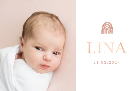 Süße Geburtskarte mit Foto, Regenbogen und Foliendruck