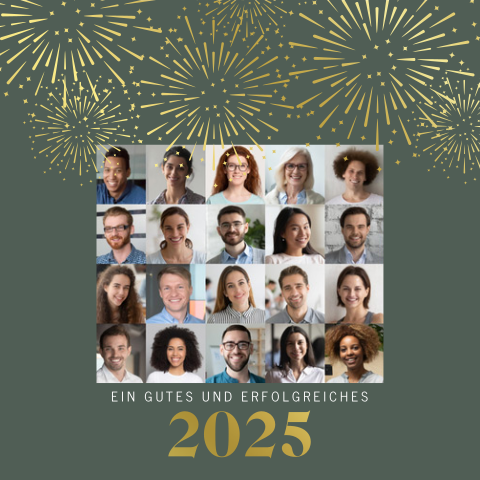 Neujahrskarte mit Fotos und Feuerwerk in Foliendruck