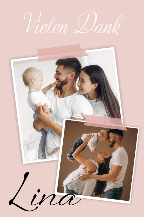 Hübsche Geburtskarte in Rosa mit Bildern als Polaroidfotos