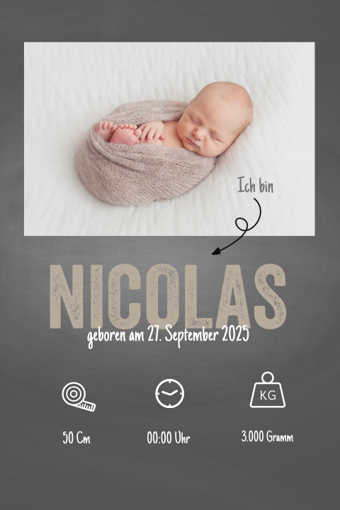 Hippe Geburtskarte als Tafel mit einem Foto und Cliparts