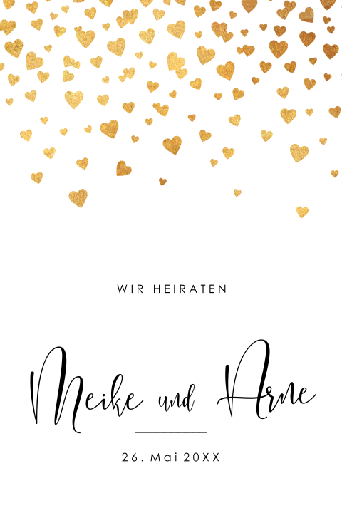 Hübsche Hochzeitseinladung mit goldenen Herzen