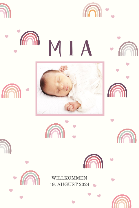 Süße Geburtskarte mit Regenbögen, Herzchen und individuellem Foto