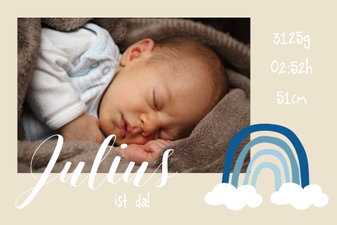 Süße Geburtskarte mit blauem Regenbogen