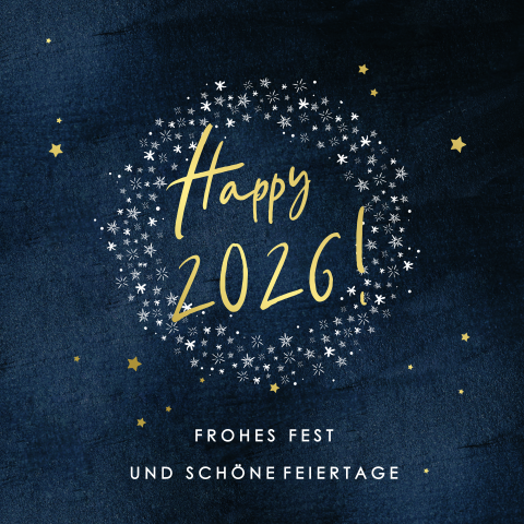 Neujahrskarte mit blauem Hintergrund und goldenen Sternen