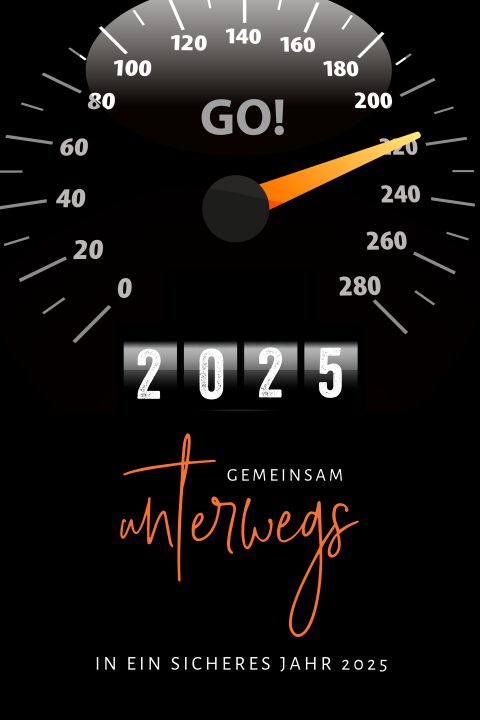 Neujahrskarte mit einem Tacho also Motiv zum Durchstarten