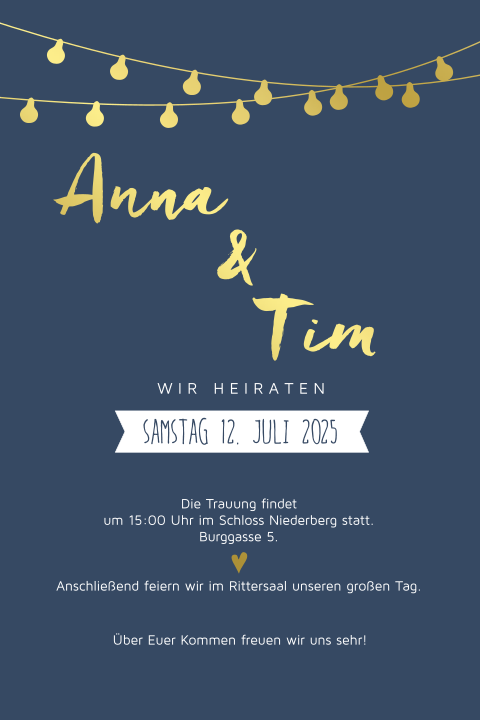 Elegante Hochzeitseinladung mit blauem Hintergrund und Foliendruck