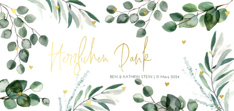 Dankeskarte mit grünen Zweigen und goldenen Herzen