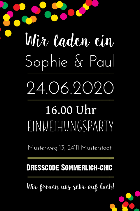 Einladung buntes Konfetti schwarz